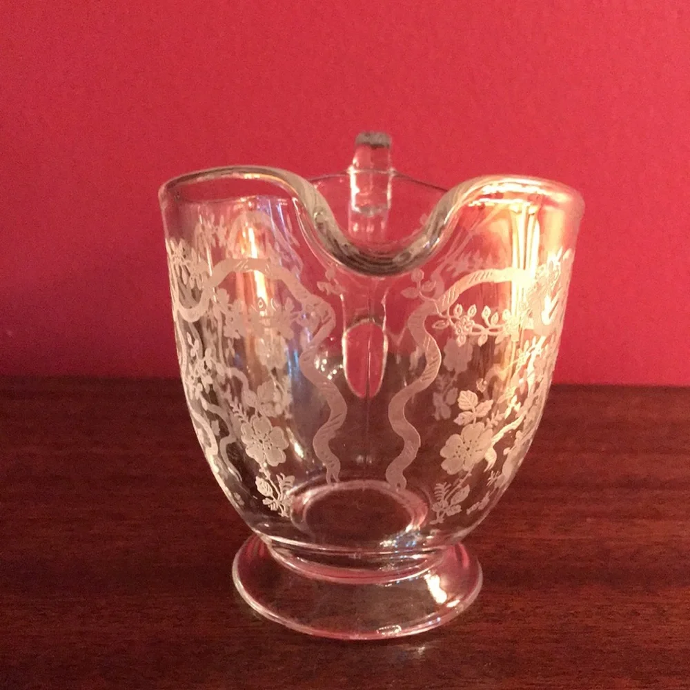 Antique Vintage Etched Roses & Ribbons Bows Sugar Bowl & Creamer Glass Set